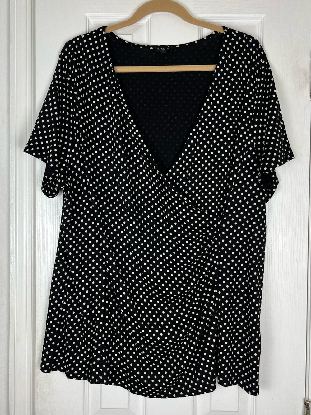 Talbots Woman Faux Wrap Short Sleeve Top Sz 3X Polka Dot Print